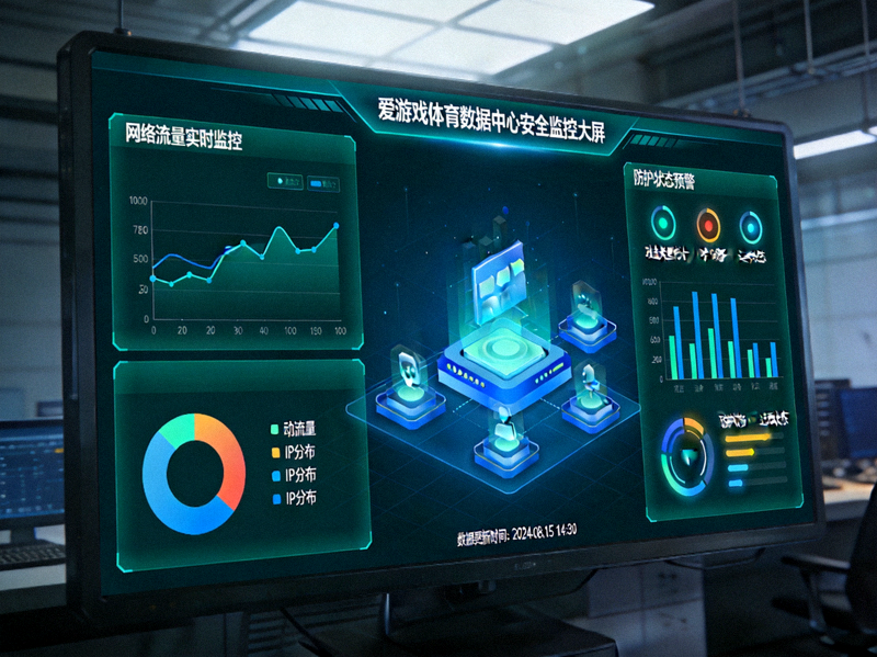 爱游戏体育数据中心安全监控大屏示意图 - 网络流量与防护状态