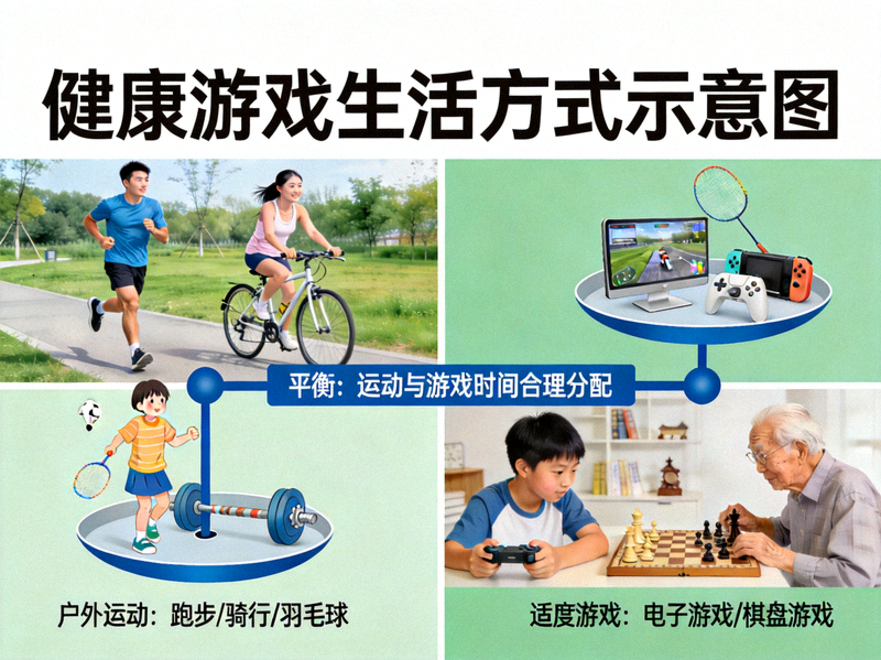 健康游戏生活方式示意图 - 人们在户外运动与适度游戏间平衡