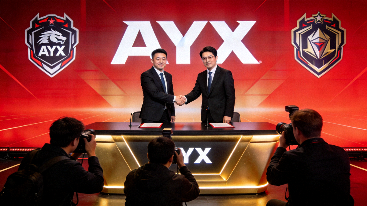 爱游戏AYX平台与国际电竞豪门签约仪式现场，双方代表握手合影，背景为巨大的AYX标志和战队队徽