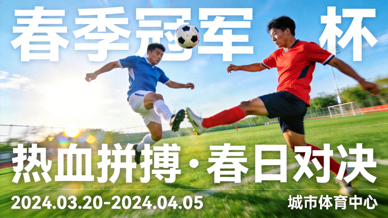 春季冠军杯赛事宣传画面 - 足球运动员赛场拼抢瞬间