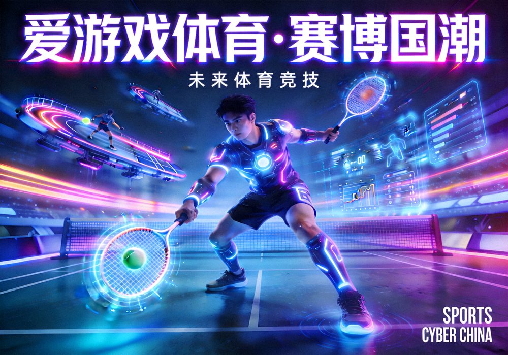 爱游戏体育赛博国潮主题主视觉图 - 未来科技感体育竞技场景与霓虹光效