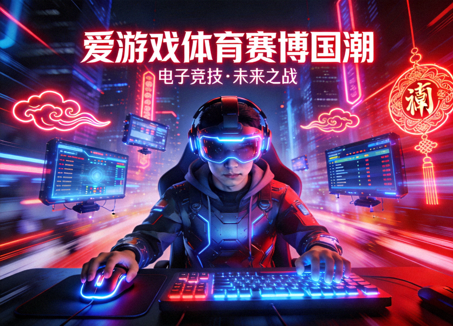 爱游戏体育赛博国潮主题主视觉图 - 电子竞技选手在霓虹灯光下专注比赛的未来科技场景