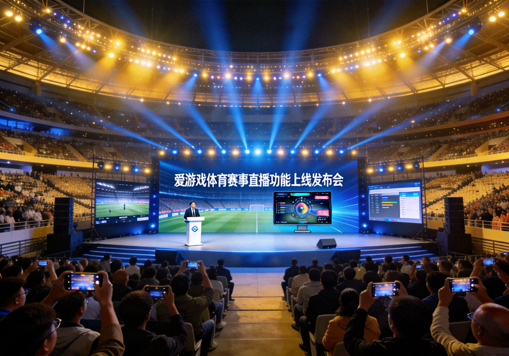 爱游戏体育赛事直播功能上线发布会现场全景 - 大型体育场馆与观众席