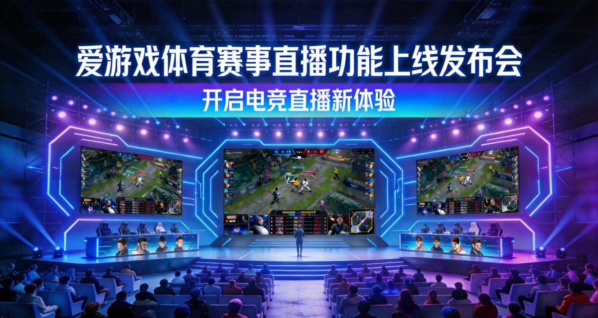 爱游戏体育赛事直播功能上线发布会现场，大型电竞舞台与多屏直播画面